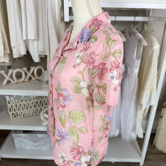 Jamaica Bay size small cotton button up pink floral top coastal botanical #3972 - Picture 2 of 8